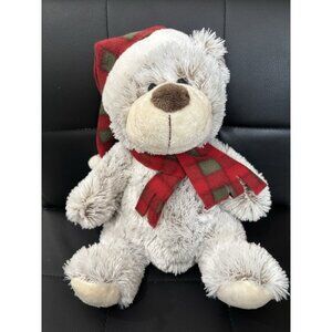 Holiday Christmas Teddy Bear Brown Wearing Plaid Hat and Scarf Red/Green 11”inch